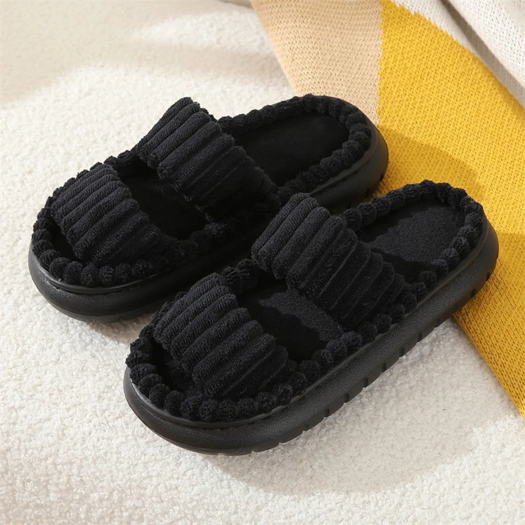 Fashion Women Winter Slipper Corduroy Double Strap House Warm Plush Flat Slippers Autumn Woman Light Comfort Indoor Slipper