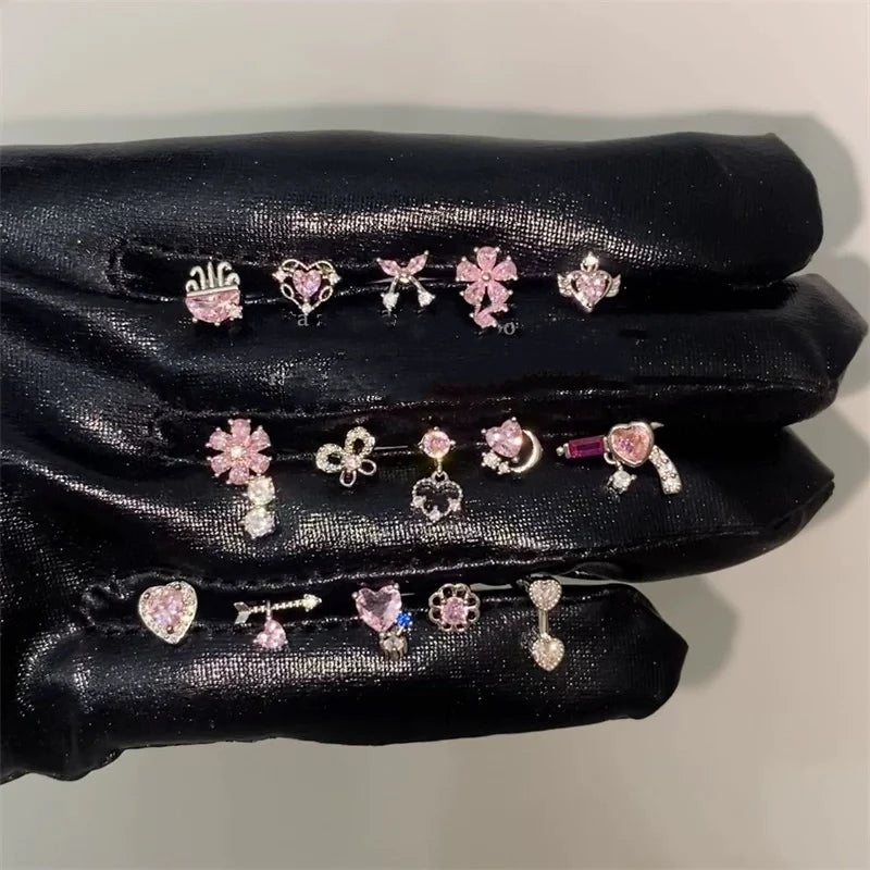 1 PCS New Fashion Cute Pink Zircon Crystal Ear Bone Nail 316L Medical Titanium Steel Earrings for Women Y2K Punk Jewelry