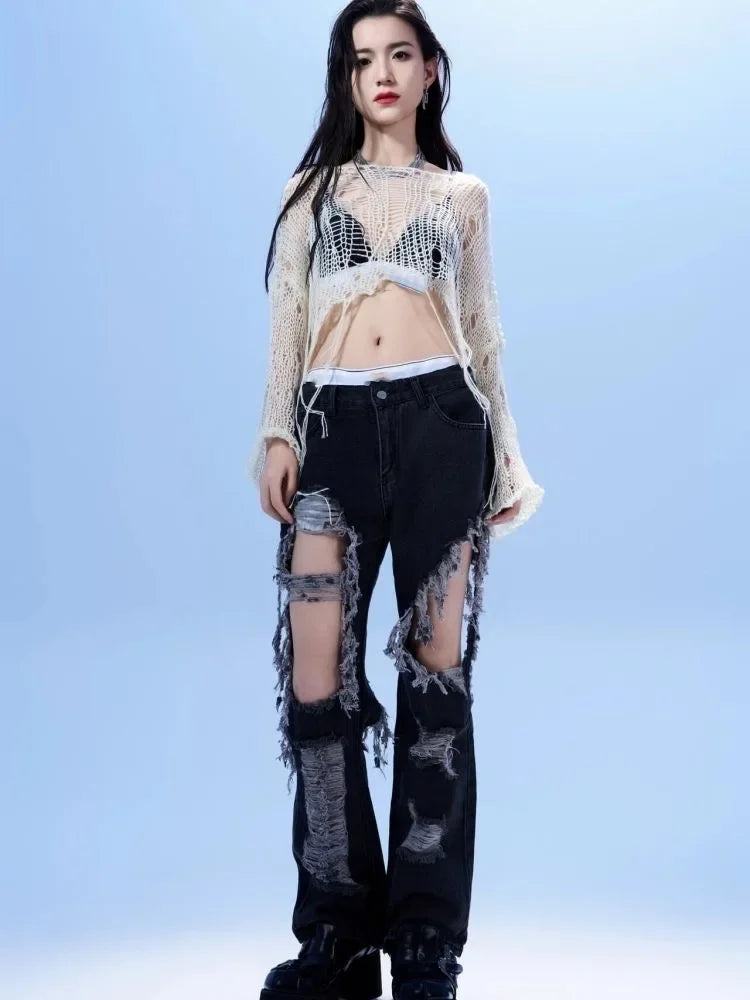 Sexy White Slash Neck Grunge Knitted Women's Sweater Hole Ripped Pullover Crop Top Harajuku Hollow Out Fashion Summer Jumpers