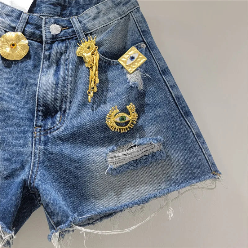 Women Denim Shorts Holes Spliced Print Jeans Pockets Solid Wide Leg Short Pant Tassels High Waist Trousers Casual Streetwear