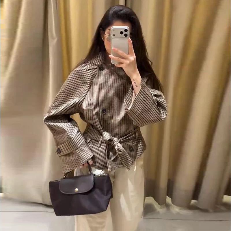 Loose Plaid Lace Up Jacket Women Vintage Double Breasted Full Sleeve Lapel Belts Jackets Female 2026 Autumn Outwear Lady