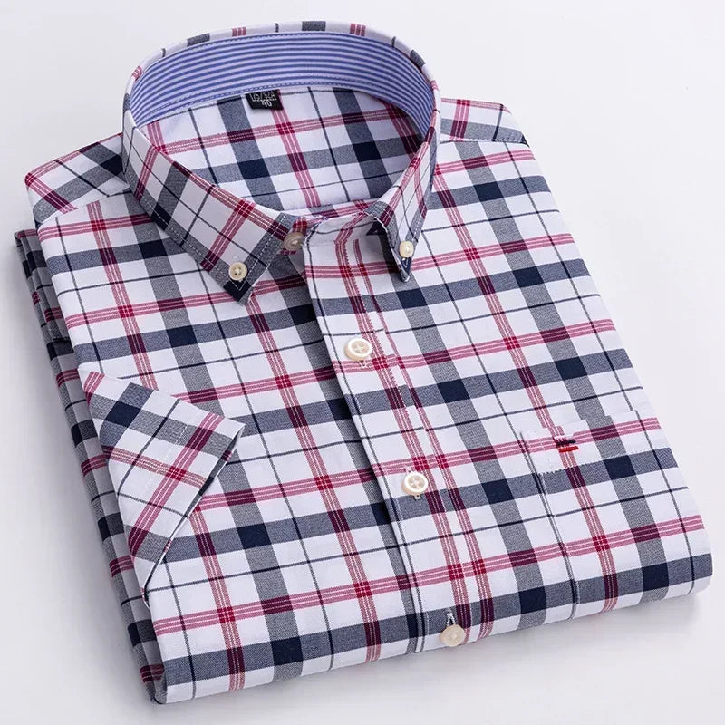 2025 100% Pure Cotton Men's Oxford Short Sleeve Square Collar Soild Plaid Striped Summer Casual Shirts Single Pocket  Shirt