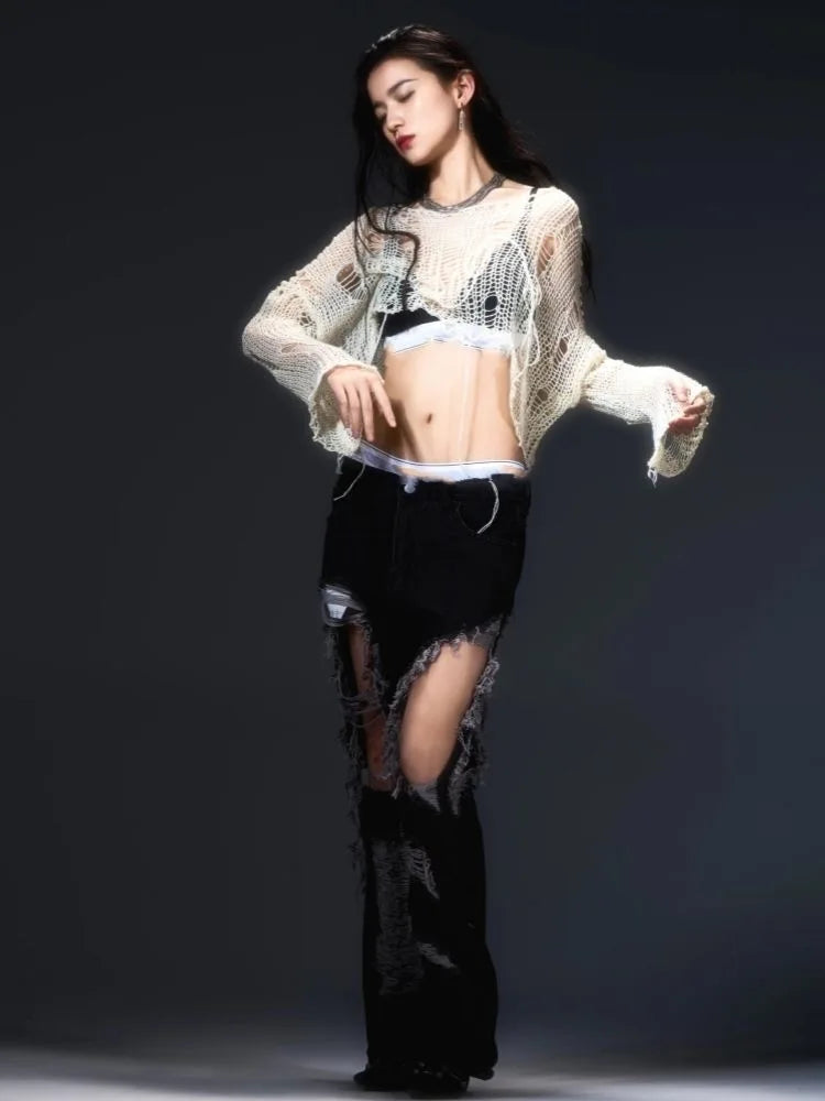Sexy White Slash Neck Grunge Knitted Women's Sweater Hole Ripped Pullover Crop Top Harajuku Hollow Out Fashion Summer Jumpers