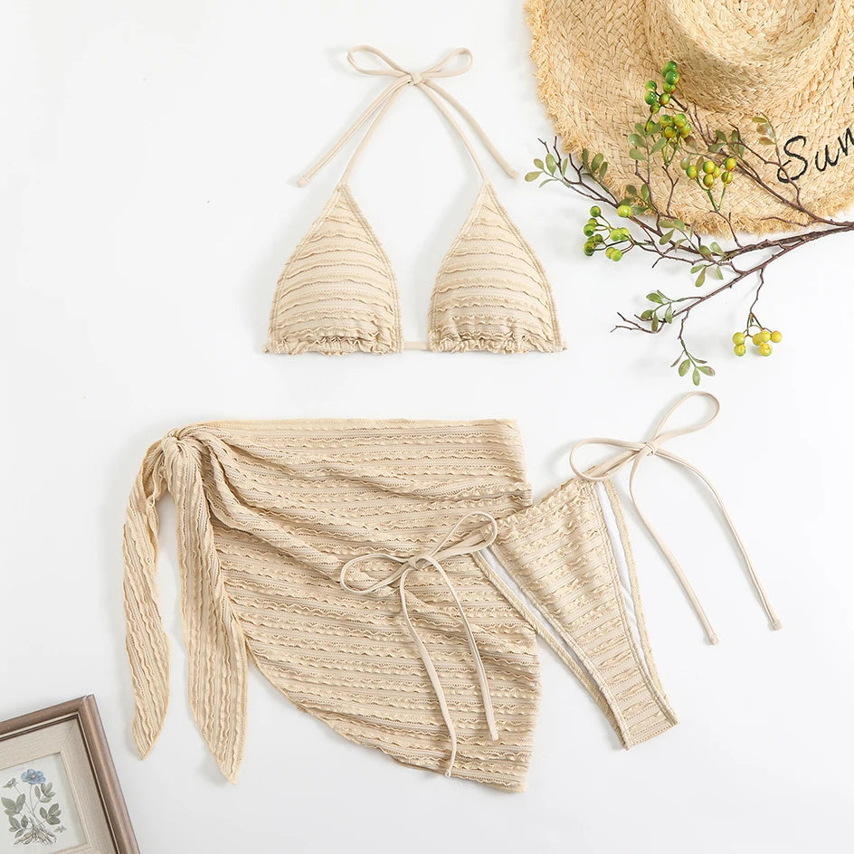 Sexy 3 Pieces Bikini Women Swimsuit 2025 Summer Halter Triangle Swimwear Bottom Bikinis Sets Beach Cover Up Female Bathing Suits