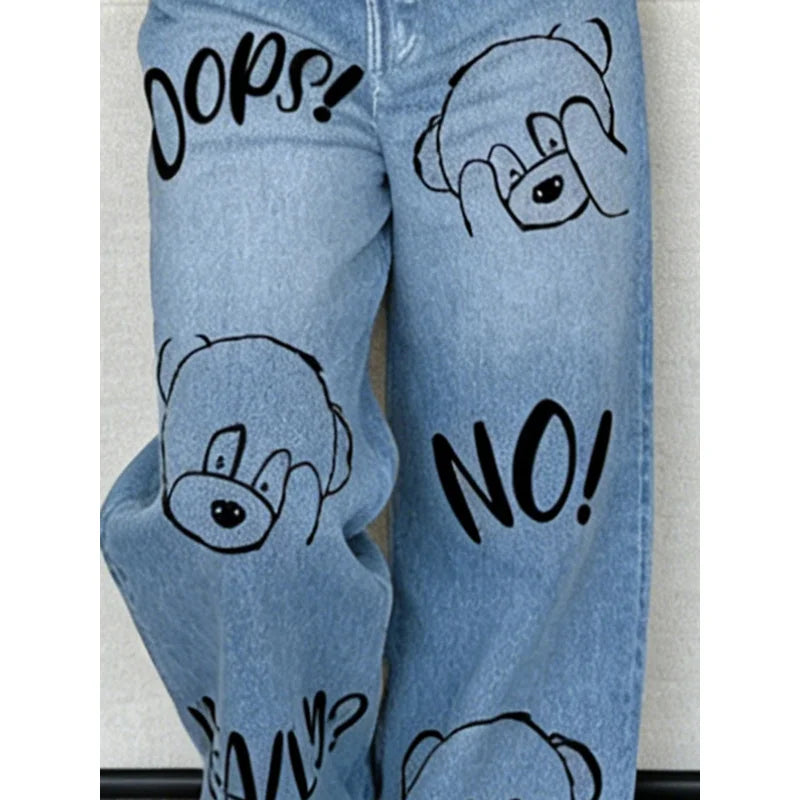2026 Children's Cute Shy Bear Light Blue Imitation Jeans Children's Soft and Playful Funny Girls' Casual Style Long Pants