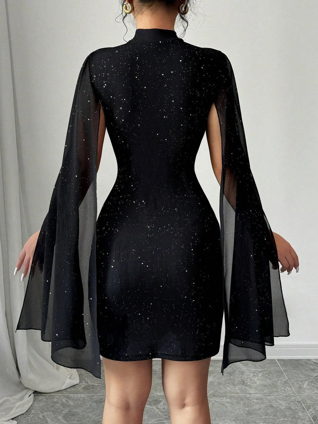 Sexy Women's Stand Collar Cape Mini Dress Sequins Sparkling Club Party Night Out Fitted Bodycon Elegant Autumn Winter