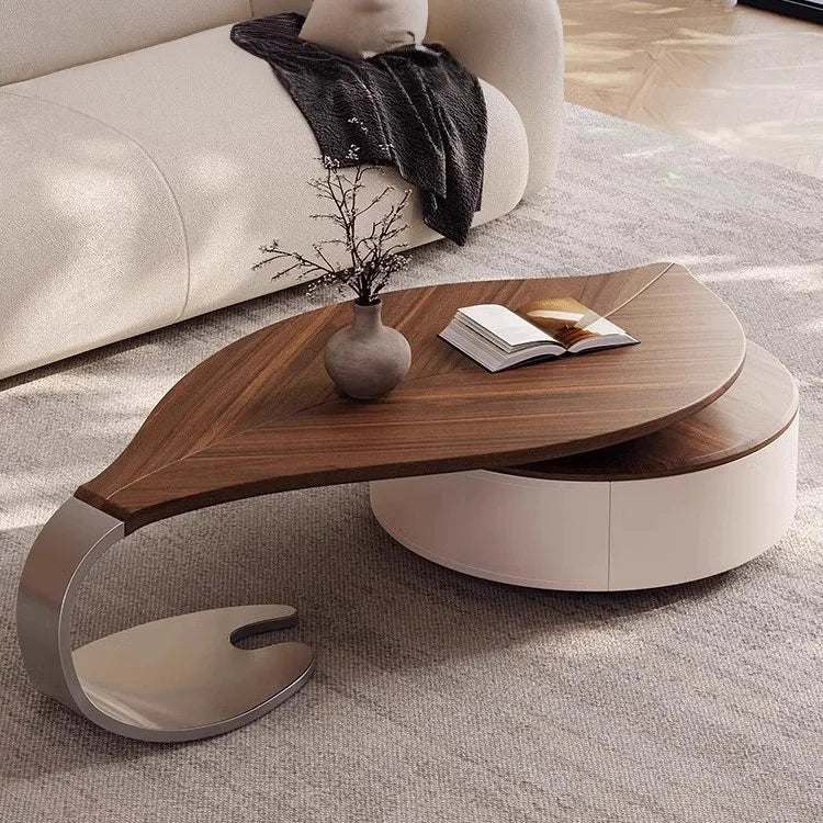 French antique leaf-shaped solid wood coffee table with walnut veneer for living room furniture