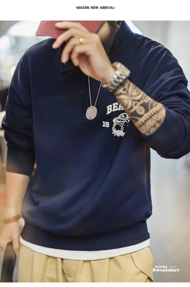 Maden Vintage Men's Long Sleeve Embroidered Sweatshirt with Letters Half-open Front Casual Hoodie Turned-up Collar for Spring