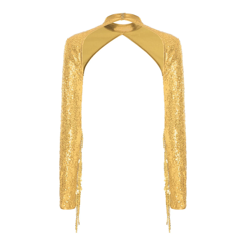 Womens Glitter Sequin Fringe Bolero Long Sleeve with Tassel Allover Sequin Shrugs Shawls Cropped Cardigan for Music Raves Party