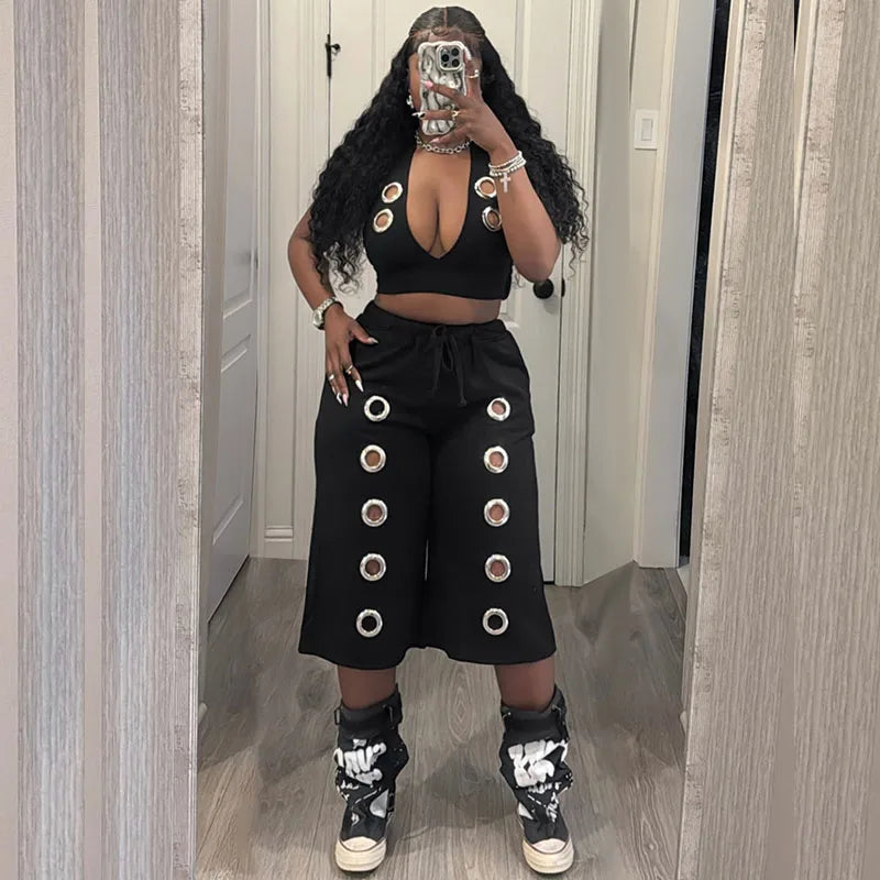 Streetwear 2 Piece Sets for Woman Club Outfits Party Hollow Out Halter V-neck Vest Crop Top and Calf-length Pants Matching Sets