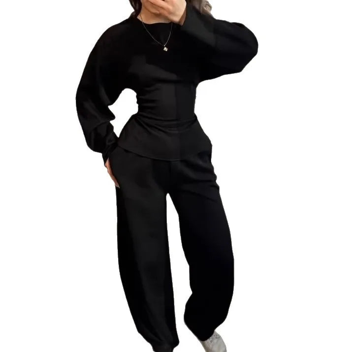 Women's 2 Piece Long Sleeve Top and Wide Leg Pants Set Casual Solid Color Pullover Sweatshirt and Trousers Lounge Wear Outfit