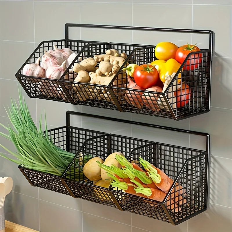 Wall-Mounted Multi-Functional Kitchen Organizer - Durable Metal Vegetable, Garlic, and Onion Storage Basket - Storage Organizer
