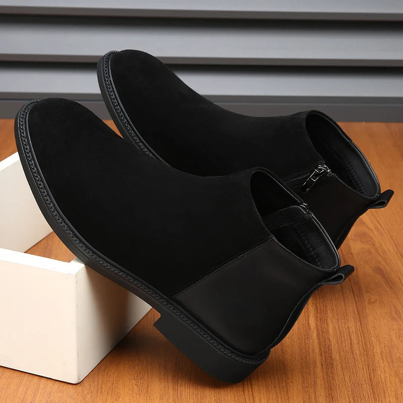 Classic Black Leather Pointed Chelsea Mid Top Boots Leather Shoes Fashionable Suede Leather Men's Autumn Comfortable Short Boots