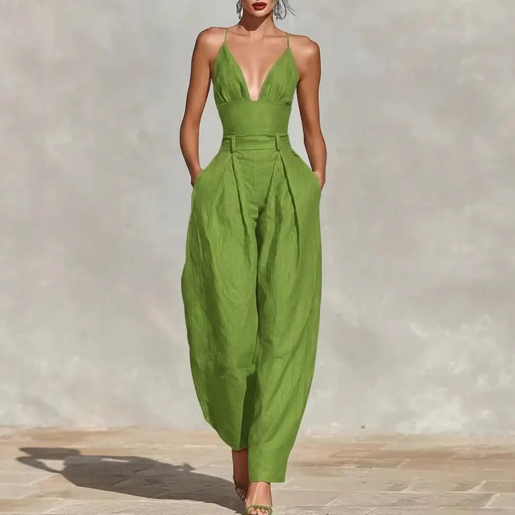 Elegant Sexy V-Neck Spaghetti Strap Jumpsuit Women High Waist Wide Leg Casual Romper Spring Boho Solid Backless Pockets Overalls