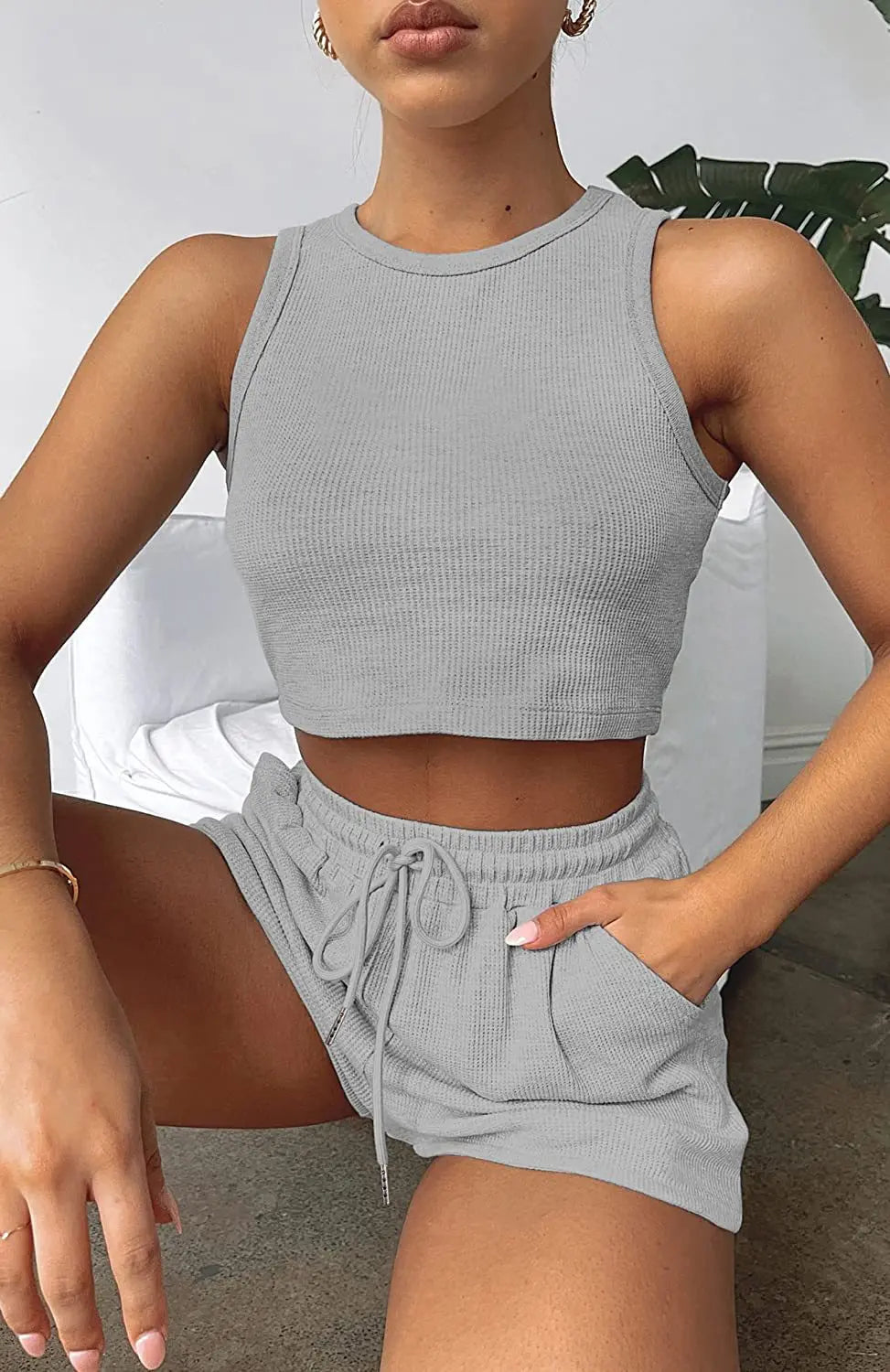 Women Shorts Outfit Solid Sleeveless Ribbed Crop Tank And Drawstring Shorts Casual Tracksuit Workout Set 2 Piece Lounge Set