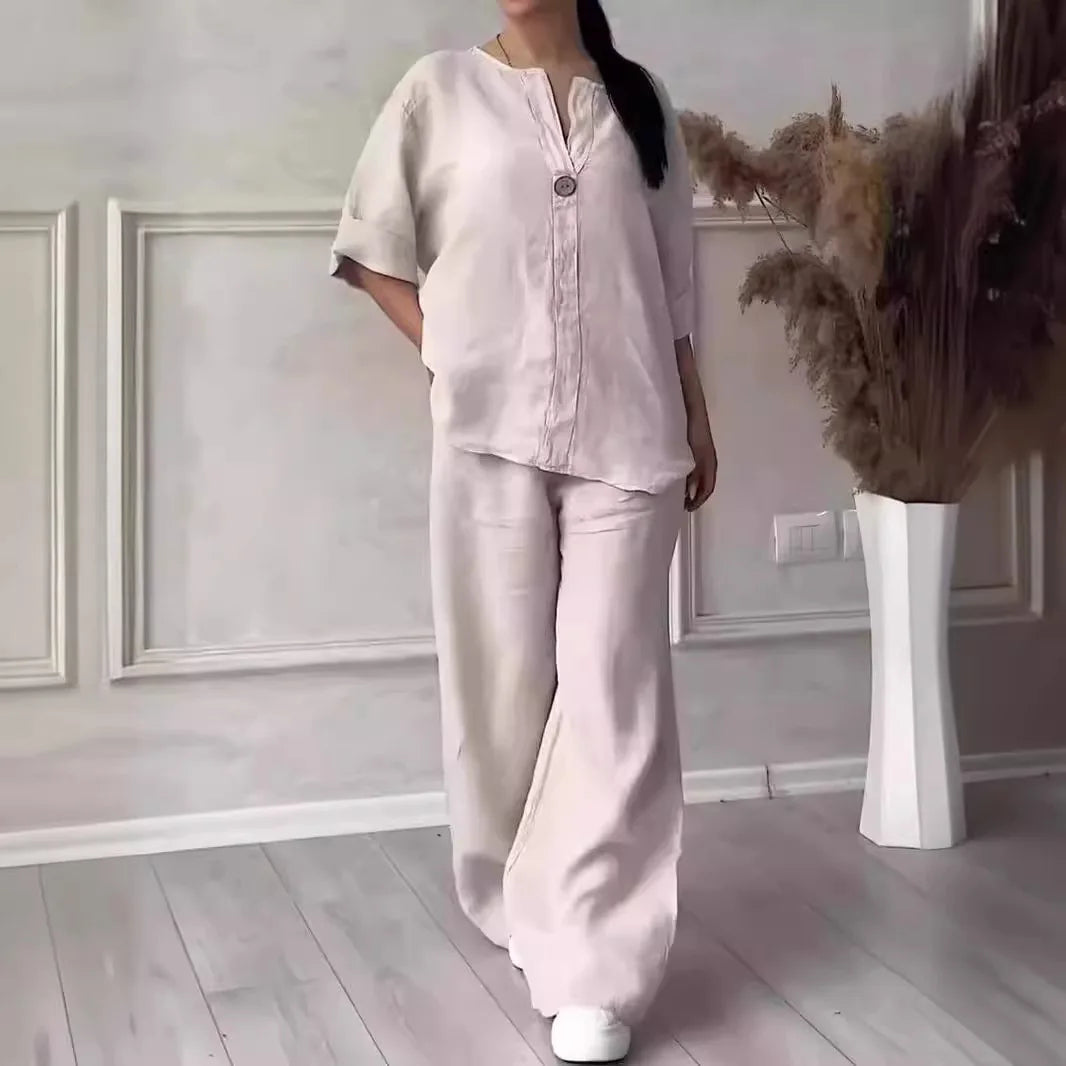 2026 New Europe USA Women's Comfortable Loose Top Wide Leg Pants Casual Cotton Linen Set