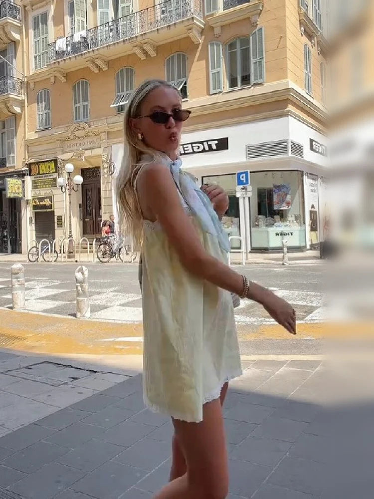 Coquette Style Lace Strap Mini Dress Women Light Yellow Loose Babydoll Dresses Sleeveless Square Neck Casual Beach Dress