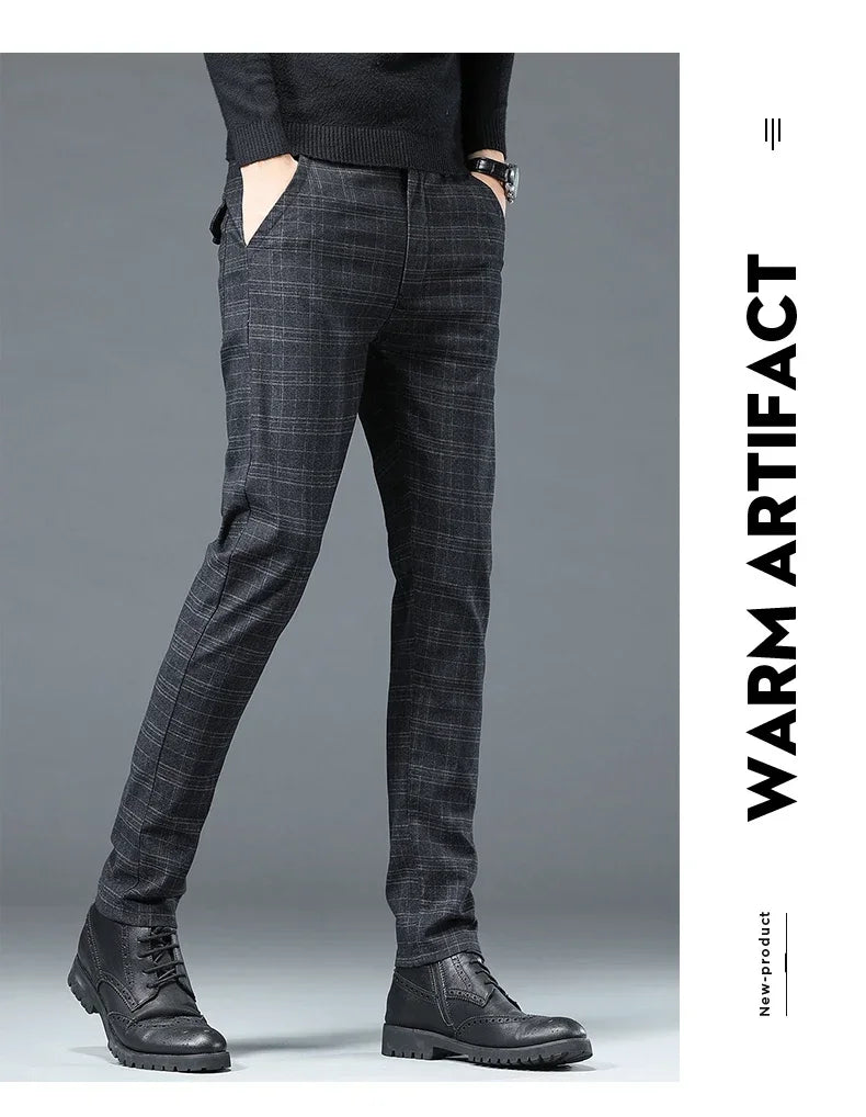 Business Men Pants Spring Autumn Korea Cotton Comfortable Elastic Plaid Casual Fashion Trousers Male Clothing Suit Pant