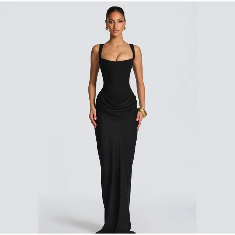 Solid Pleated Sling Dress Women Square Neck Sleeveless Backless Waist Cinching Bodycon Dresses Lady Summer Evening Party Gowns