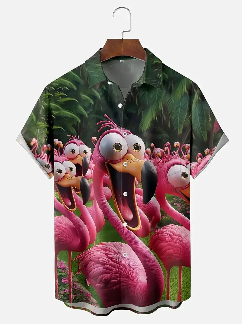 2026 Men's Vocation Lapel Camisa Vacation Hawaiian Shirts Flamingo 3d Print Fashion Unisex Beach Short Sleeve Blouse
