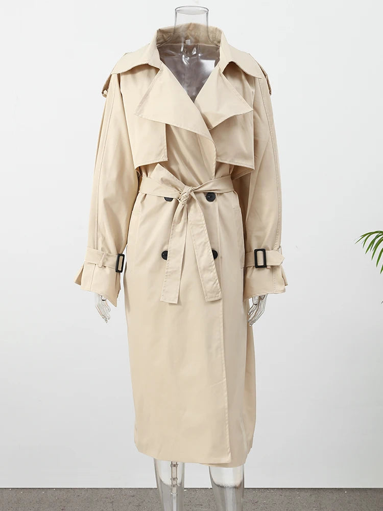 Khaki Lace Up Cape Trench Coat Loose Solid Full Sleeve Lapel Windbreaker 2026 Autumn New Fashion Commute Casual Daily Coats