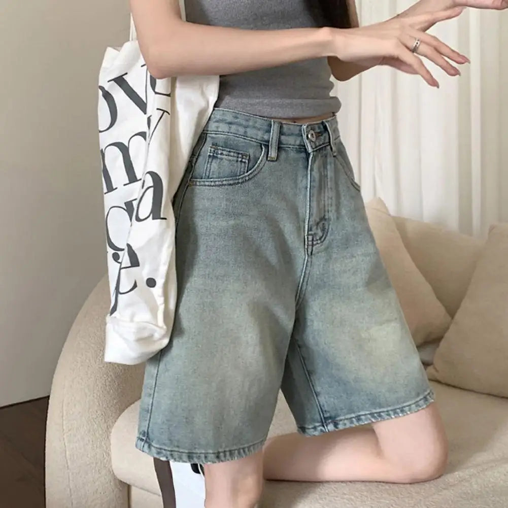 Retro Style Women Denim Shorts High Waist Vintage Washed Straight Wide Leg Button Zipper Knee Length Jeans Shorts Summer
