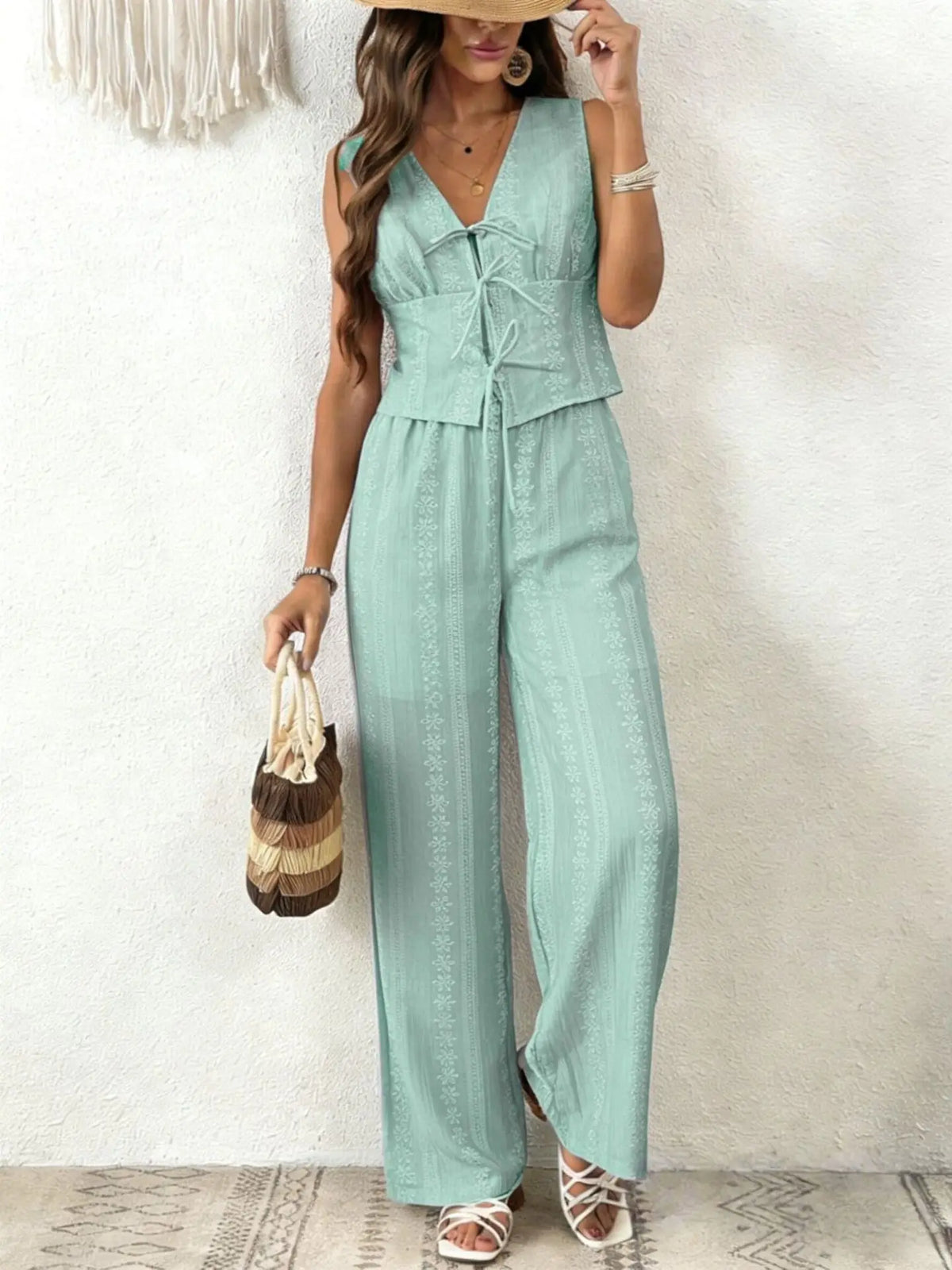 Women Multi Color Eyelet Lace 2 Piece Outfit Sleeveless V Neck Tie Front Crop Top Wide Leg Pants Summer Casual Set