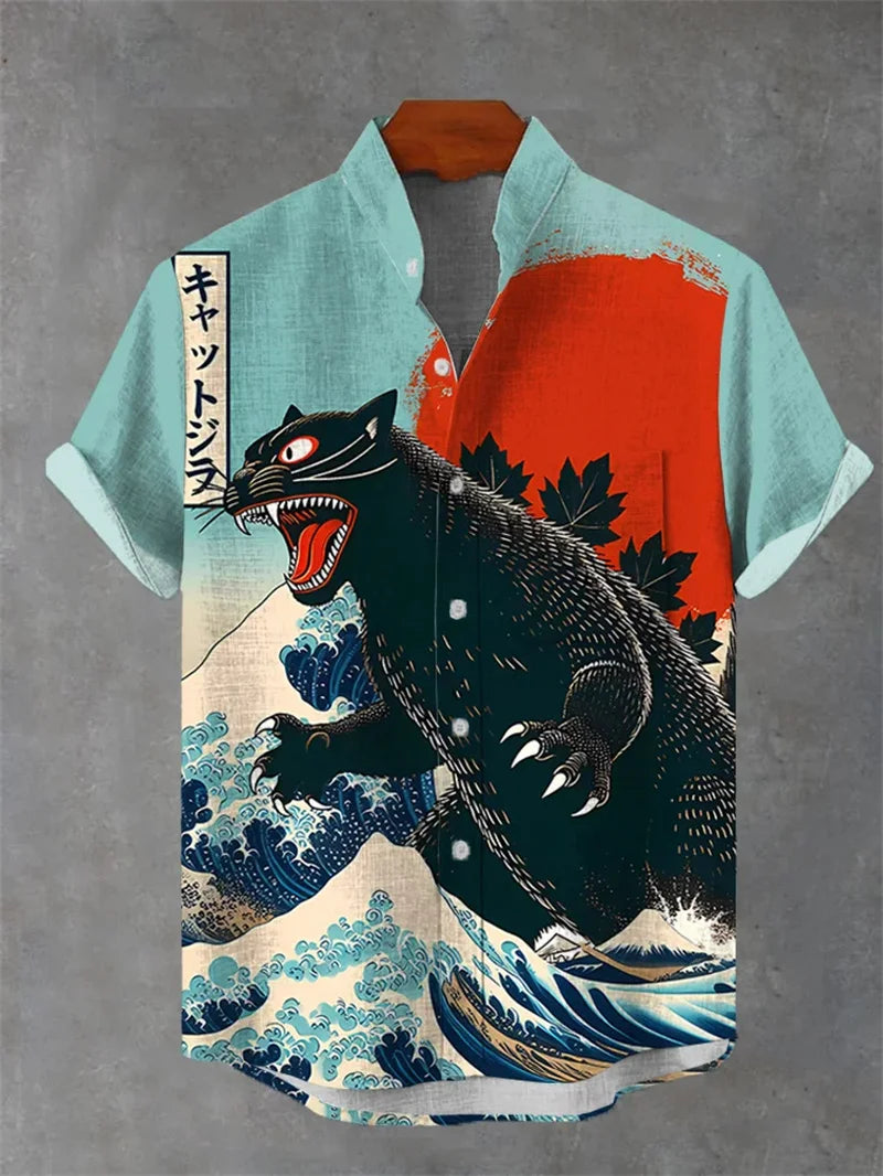 2025 New Men's Shirt With 3D Printed Cat Casual Short Sleeved Top, Fashionable Lapel Button Up Shirt Made Of Linen