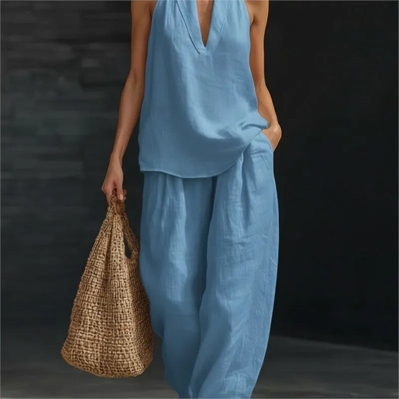 Loose Two-piece Halter Neck V-neck Sleeveless Top Trousers 2026 Summer Women's Fashion Solid Color Casual Womens Matching Sets