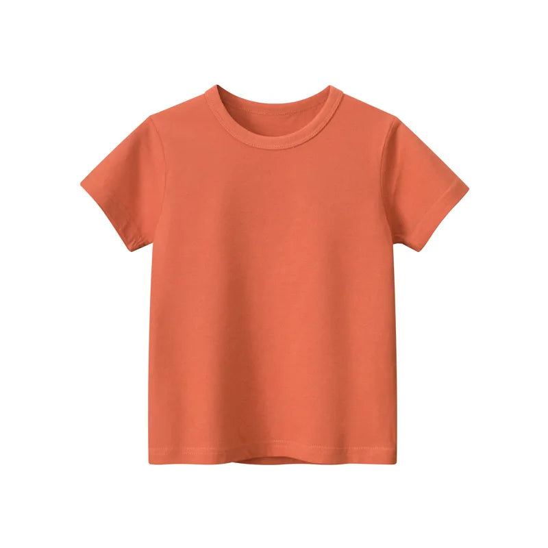2026 Summer Girls Boys Solid T-Shirts Clothes 100% Pure Cotton Short Sleeve Yellow Red Green Kids UnderShirt Bottomming Clothing