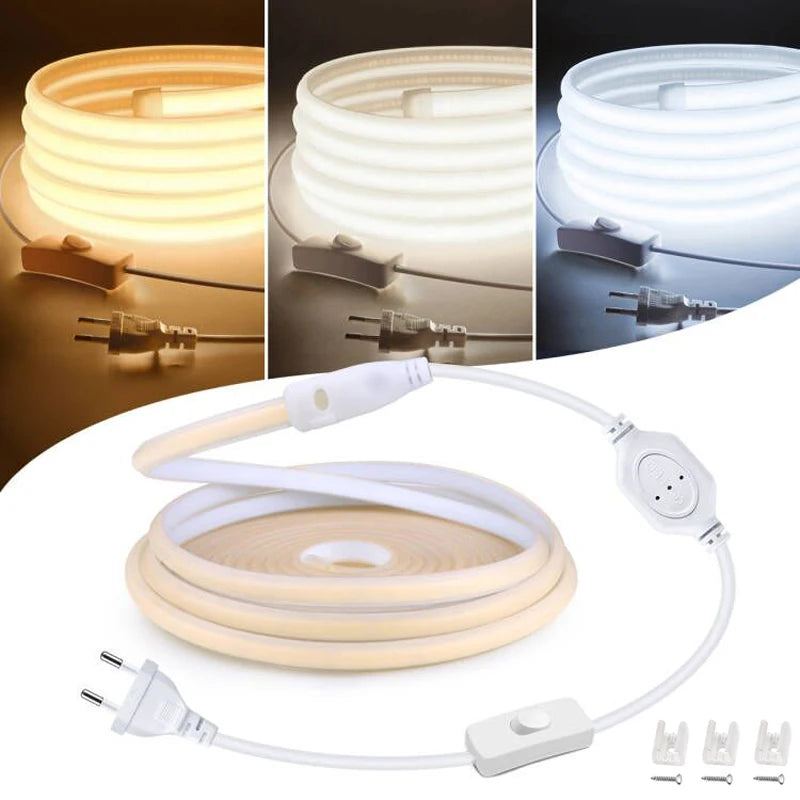 Super Bright 220V 110V COB LED Strip Light 288LEDs/m Flexible Kitchen Lamp RA90 Waterproof LED Tape With EU US Power Plug 1M-35M