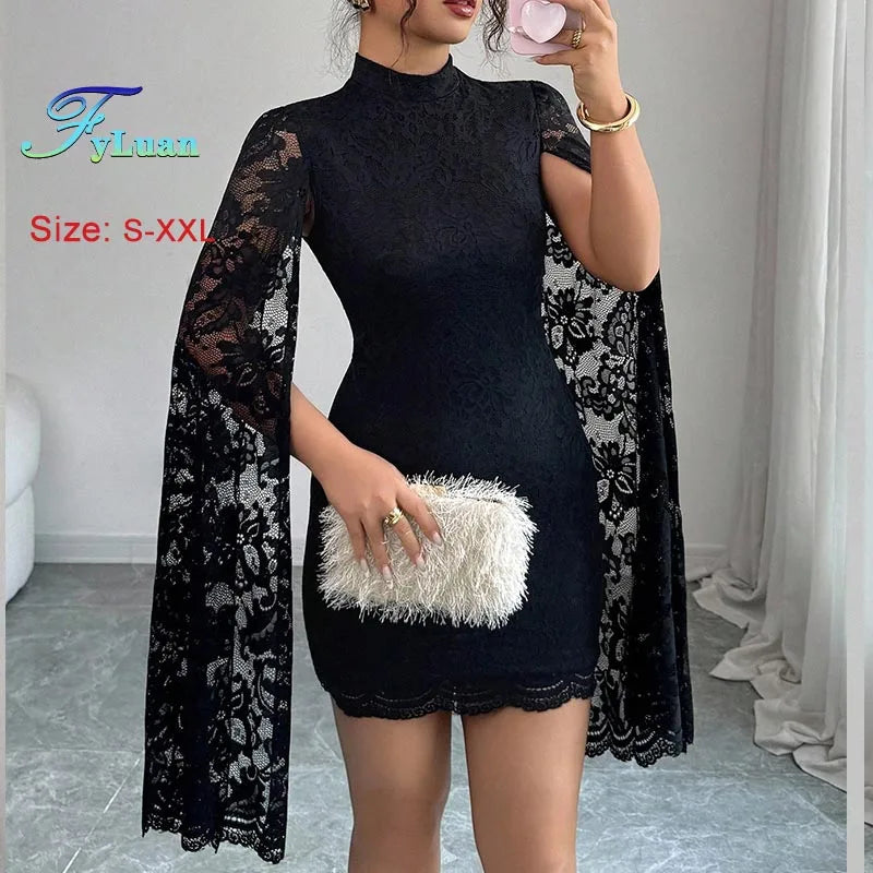 2025 New Women Mini Dress Fashion Lace Stand Collar Long Sleeves With Slits Bodycon Dress Sexy Nightclub Party Prom Slimmin Gown