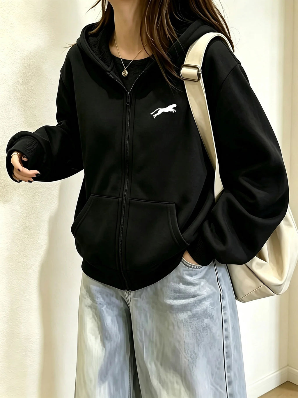 Women Apricot Running Leopard Silhouette Print Zip Up Hoodie Animal Graphic Full Zip Sweatshirt Kangaroo Pocket Casual Streetwea