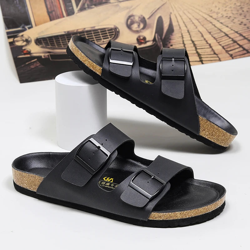 Summer Men Women Cork Slippers Clogs Microfiber Leather Slides Casual Slip On Sandal Double Buckle