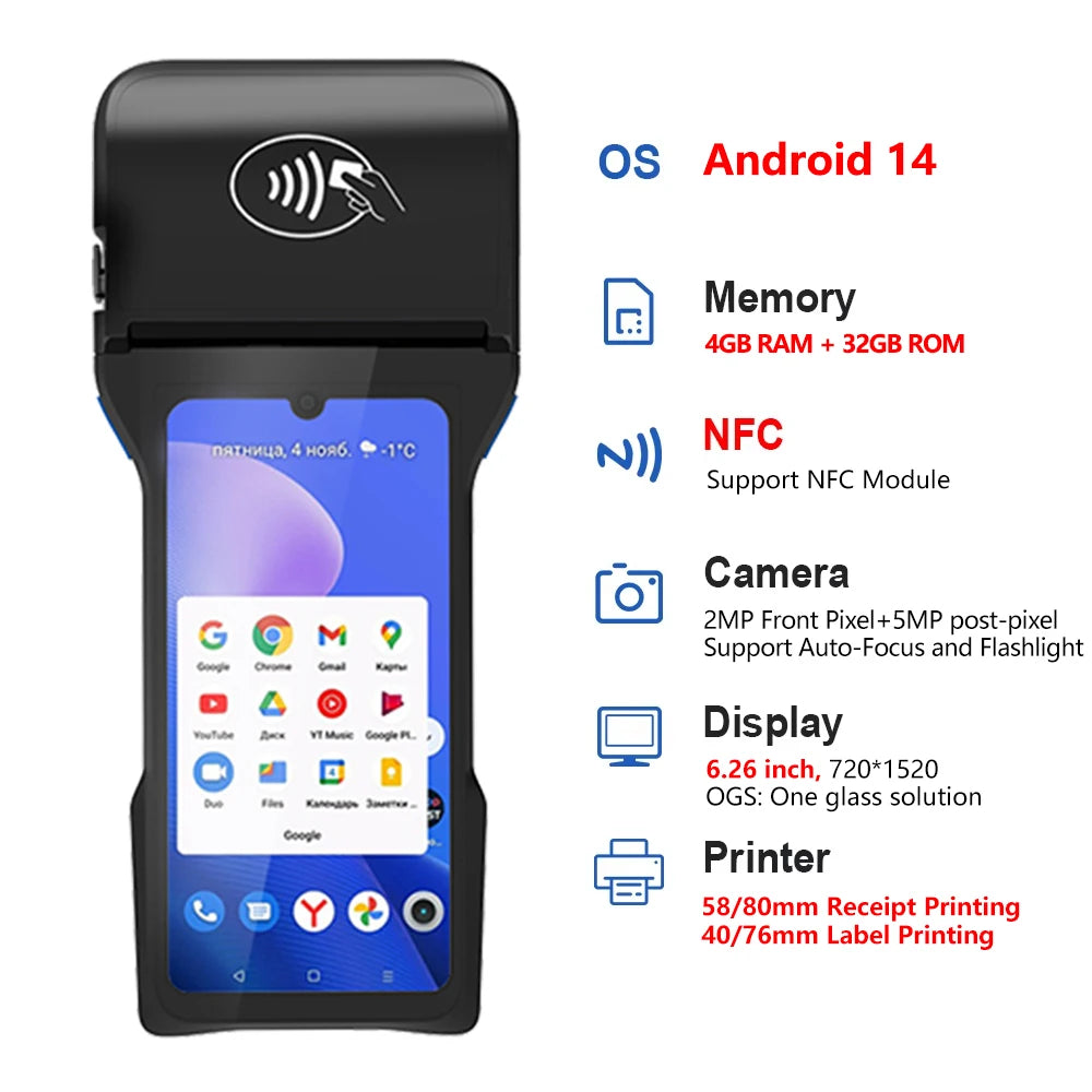 Android 14/13/11 Handheld Terminal POS Printer Portable 58mm Thermal Receipt Printer 4G NFC Ticket Bill POS PDA Impressora