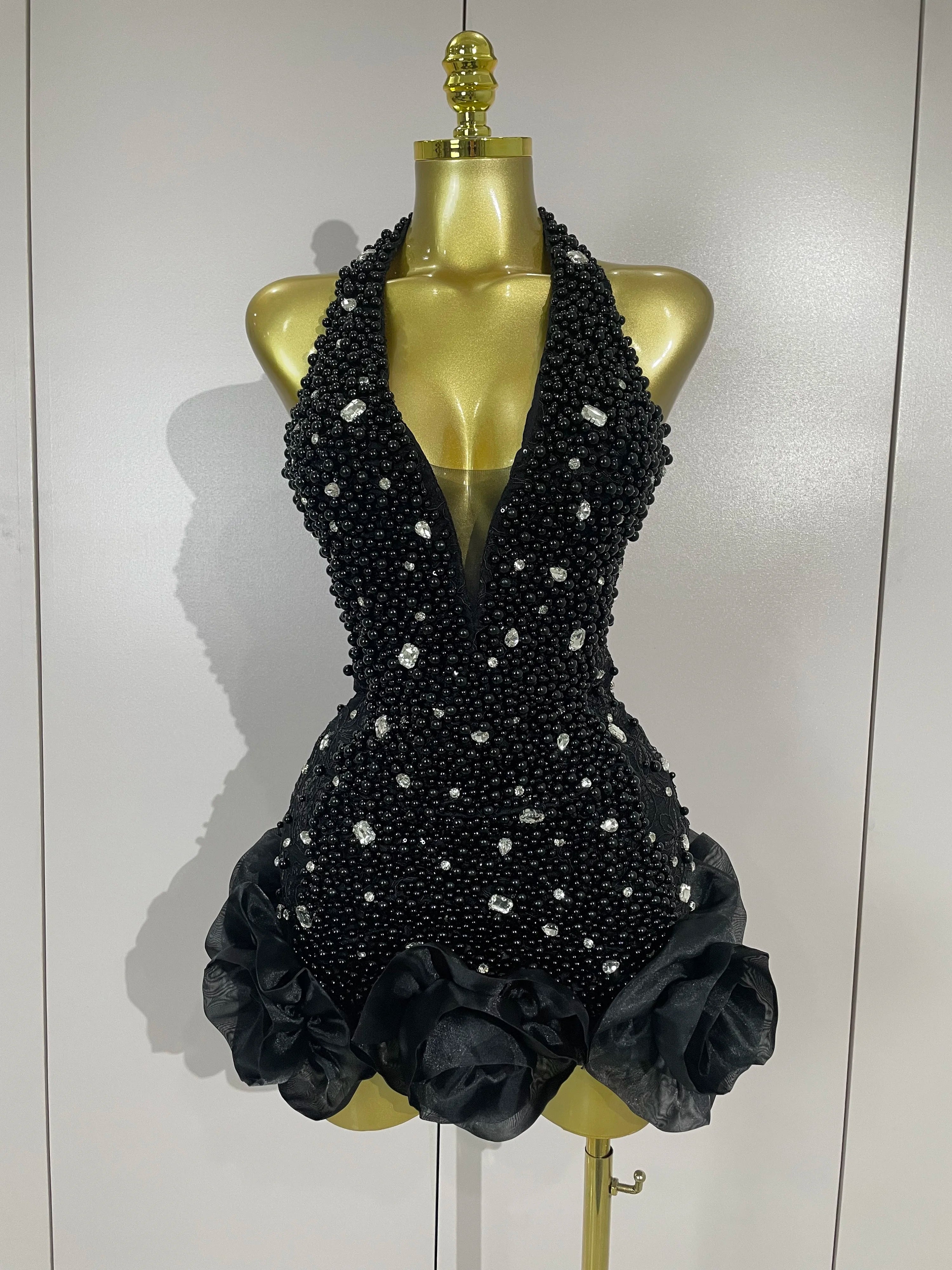 High Quality Luxury Shiny Diamonds Pearl Flowers Deep V Halter Short Dress Women Celebrate Eveing Celebrity Birthday Party Dress