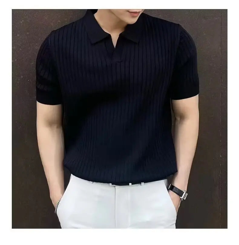 Trendy Polo Shirt for Men Summer Solid Color Top Versatile Knit Style Korean Short Sleeves Casual Fashion T-shirt