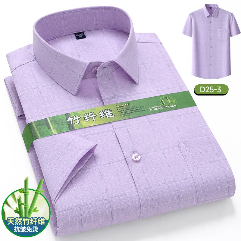 Men's Summer Bamboo Fiber Shirt Short Sleeve Lightweight Casual Breathable Soft Fabric Easy Care Slim Fit Business Casual Wear
