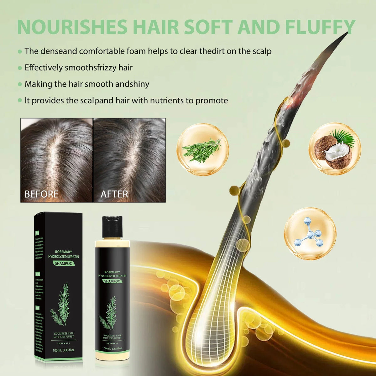 Rosemary Keratin Shampoo – Nourishes Dry, Frizzy Hair with Keratin & Rosemary, Gently Cleans Scalp & Supports Manageable Hair