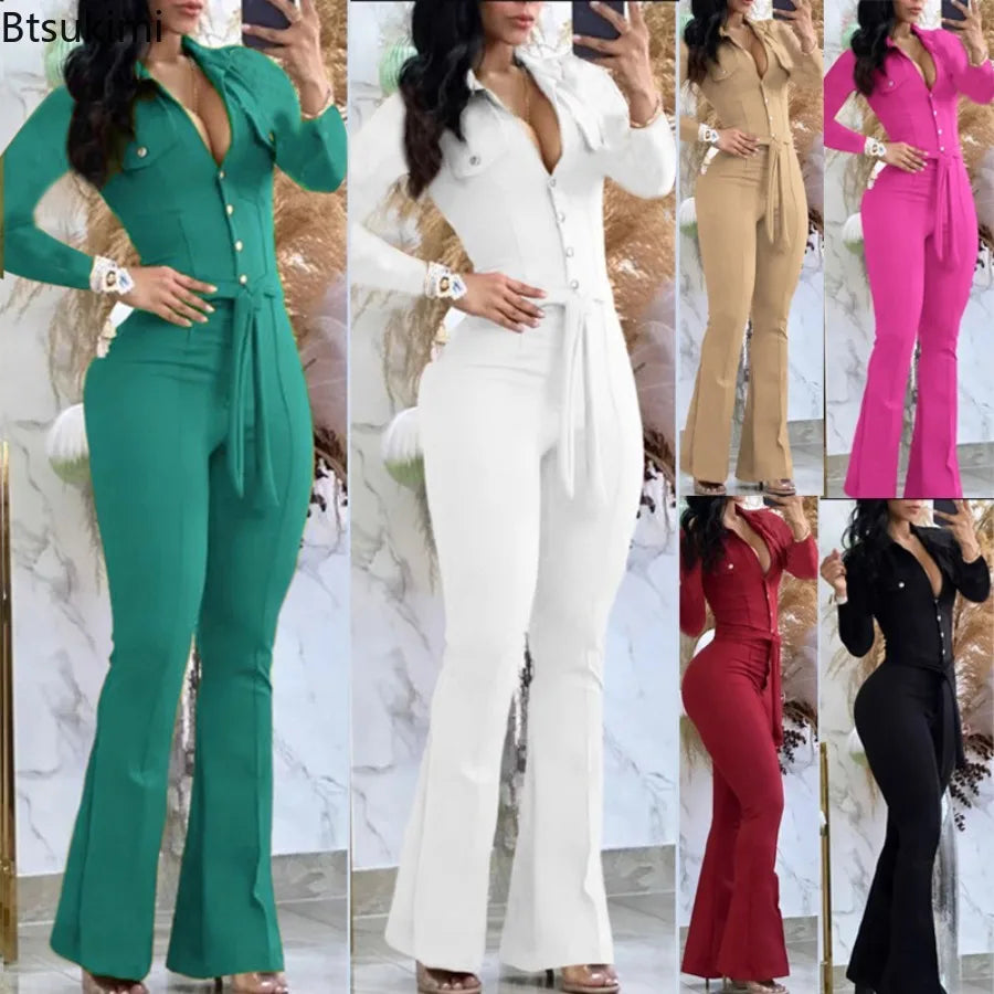 New Spring Women's Long Sleeve Jumpsuits Fashion Casual Button Turn-Down Collar Skinny Bootcut Jumpsuit with Belt Y2K Streetwear