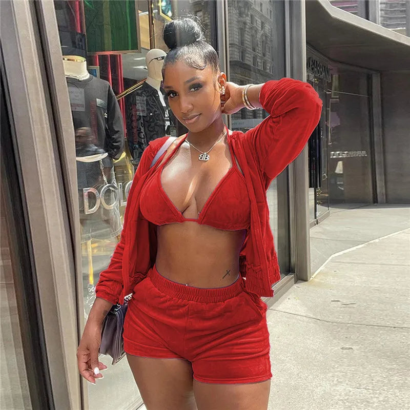 Velvet Tracksuit 3 Piece Set Women Fall Outfits Zipper Hoodies Jacket + Bra + Shorts Sets Sporty Matching Sets Jogging Femme