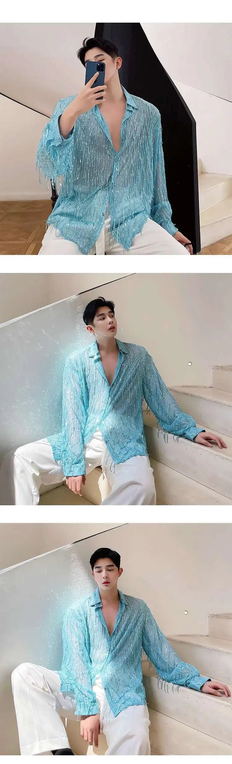 IEFB Spring Summer Men's Shirt Long Sleeve New Irregular Sequin Tassel Shirts Niche Streetwear Korean Style Male Top Tide 9Y7232