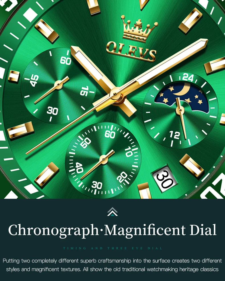 OLEVS 2870 Gold Men Watch Luxury Original Diving Series Men Watch Calendar Moon Phase Chronograph Sport Men Quartz Watch Gift