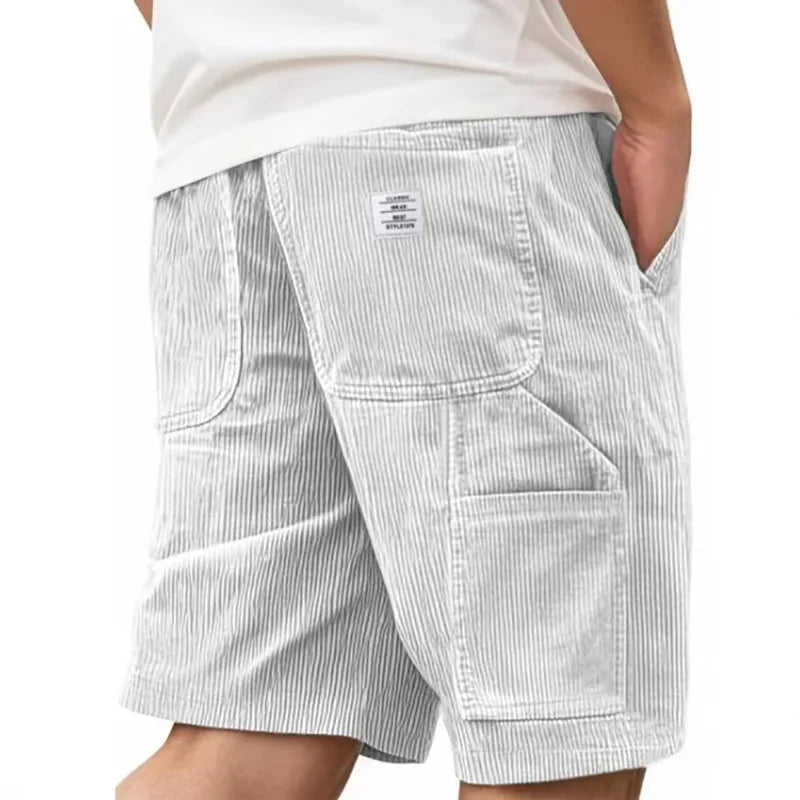 Men's Workwear Shorts Summer Casual Corduroy Loose Elastic Waist Multi-Pocket Leisure Pants Embroidery Retro Style Male Trousers