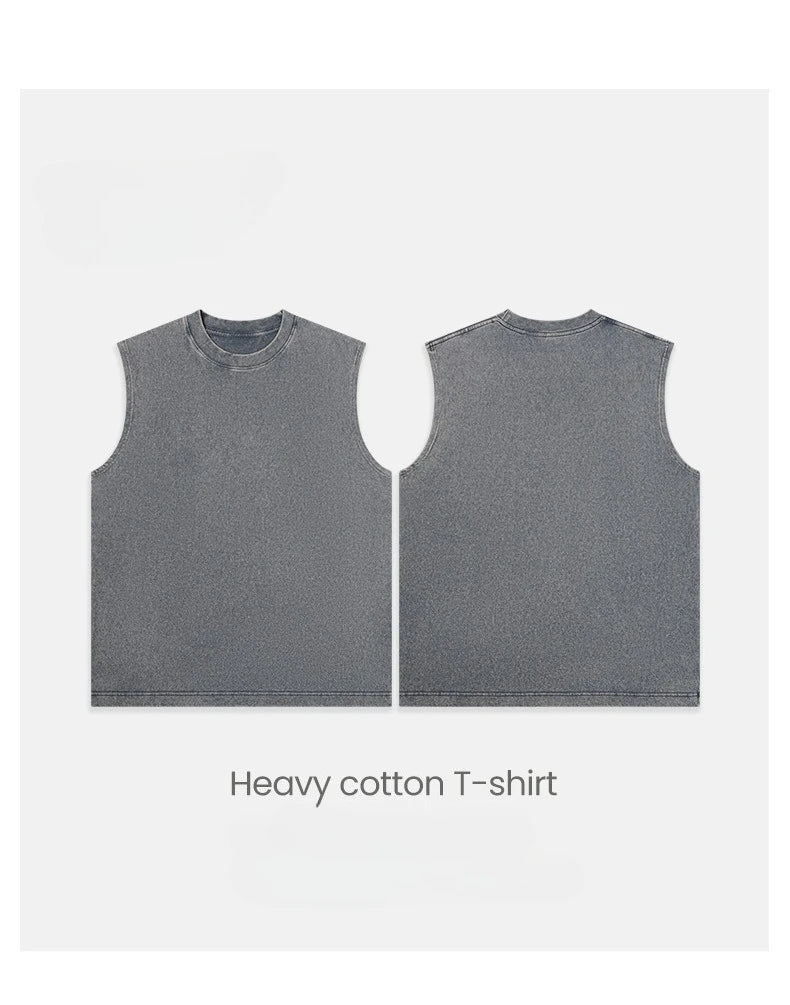 230g Pure Cotton European and American High Street Retro Washed Distressed Sleeveless Vest Men's Casual Loose Shoulder T-shirt