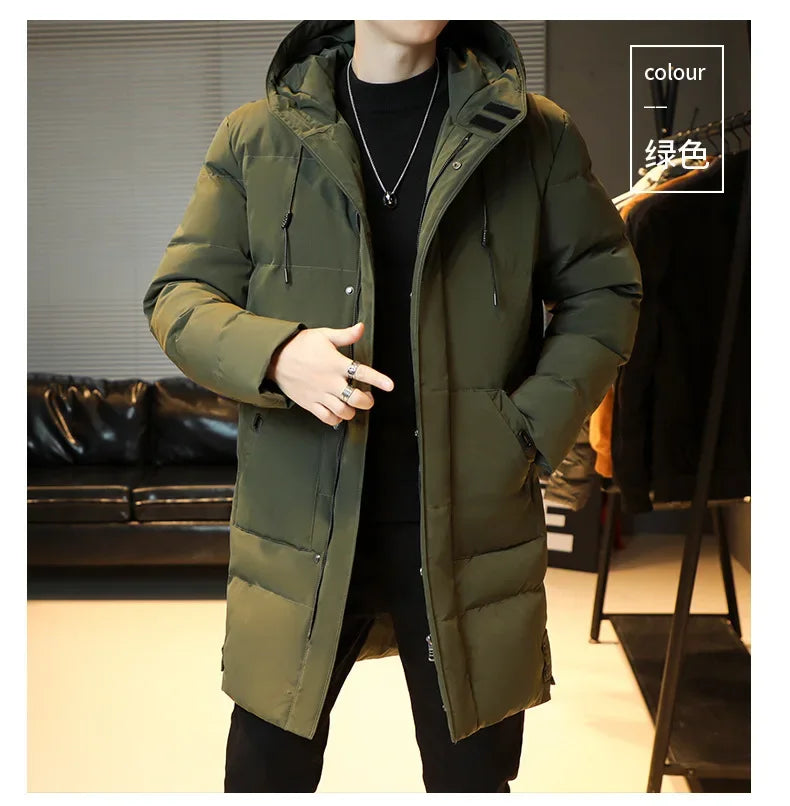 2023 Warm Hooded Mid-length Jacket Mens Casual Zip Up Cotton Padded Jacket Overcoat Autumn Winter Windbreaker Coats Men Clothing