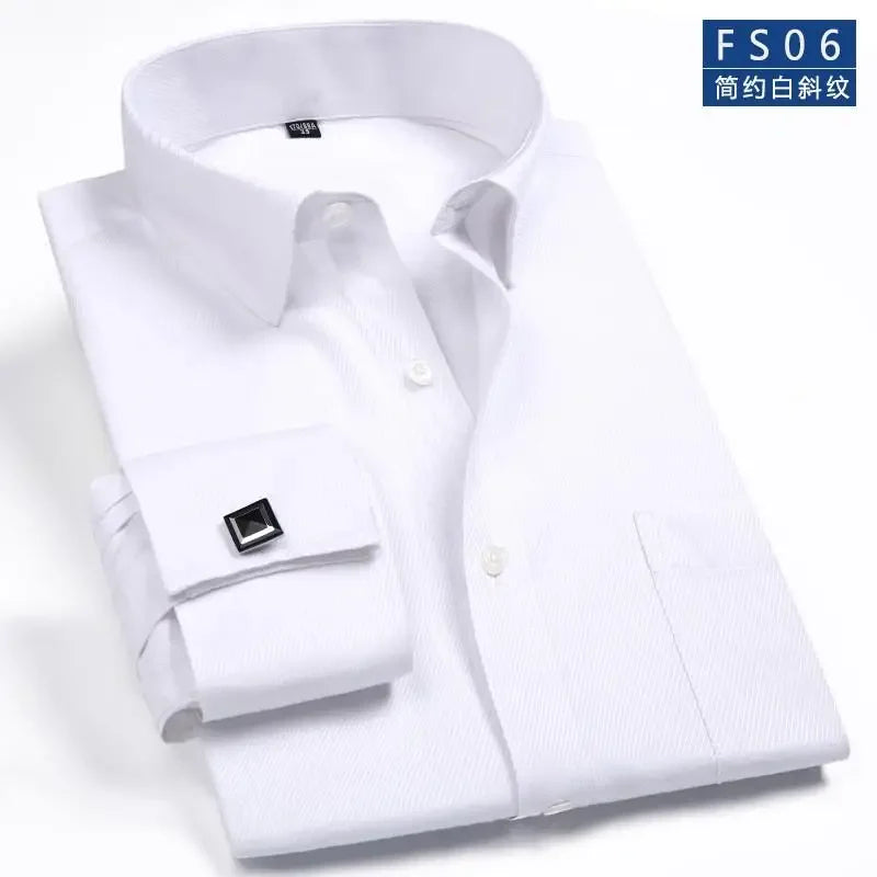 2025 Classic Regular Fit White French Cufflinks Men's Business Dress Long Sleeve Shirt Lapel Men Social Shirt