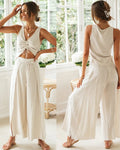 Women Sleeveless V Neck Two Piece Outfit Ruched Drawstring Crop Top High Waist Self Tie Wide Leg Pants Matching Set