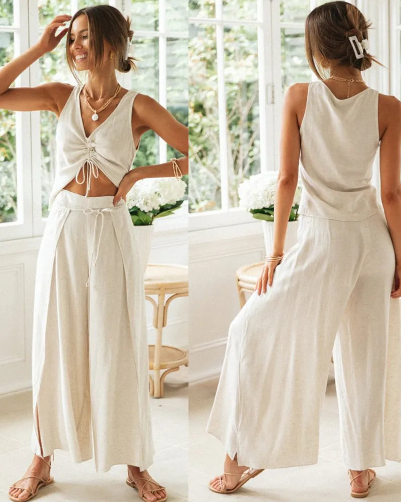 Women Sleeveless V Neck Two Piece Outfit Ruched Drawstring Crop Top High Waist Self Tie Wide Leg Pants Matching Set