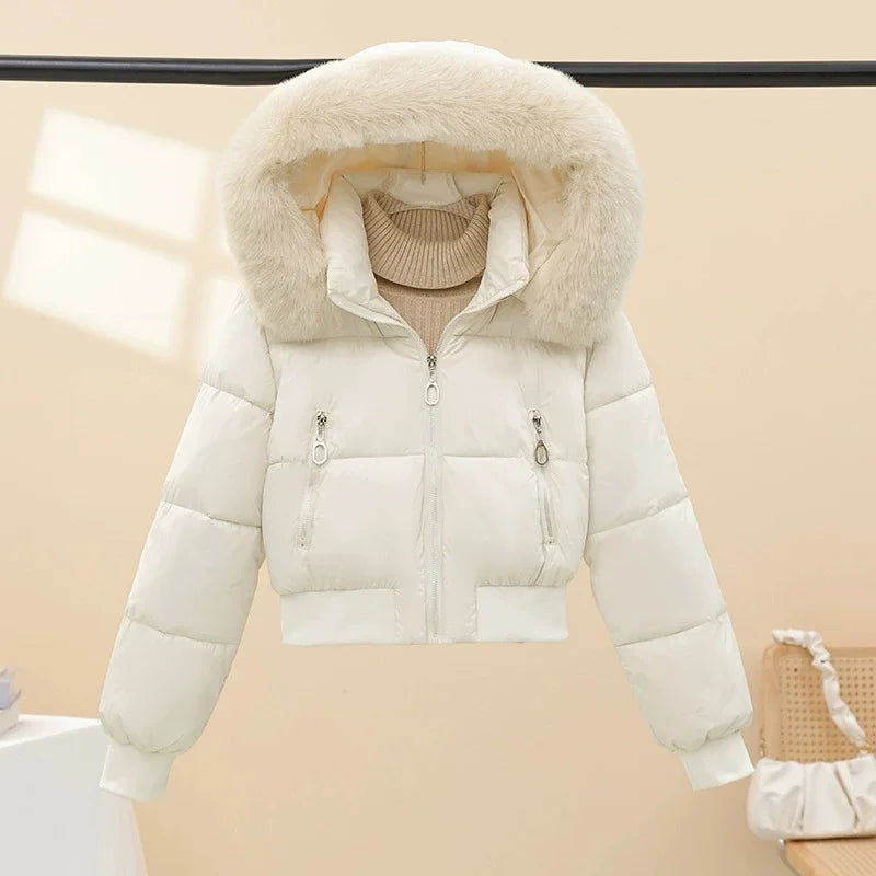 Women Winter Cotton Coat Short Fur Collar Hooded Outerwear Windproof Warm Long Sleeve Jacket Solid Color Slim Fit Lady Down Coat